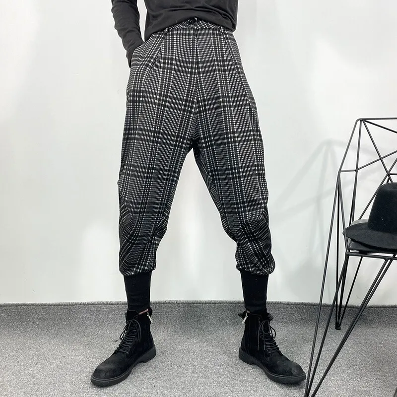 Avant-Garde Plaid Pants Men's Fashion Dark Series Loose Cargo Ankle Banded Pants Harajuku Style Retro Trendy Closed Pants