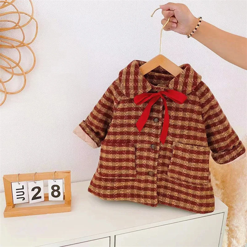 

Girls Woolen Coat Jacket Cotton Outwear Overcoat 2022 Ribbon Warm Thicken Plus Velvet Winter Autumn High Quality Children's Clot