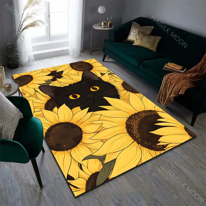 1PC Kitten Under Green Leaves Pattern Carpet for Living Room Bedroom Sofa Home Decor Non-slip Floor Mat Large Size Luxury Gift