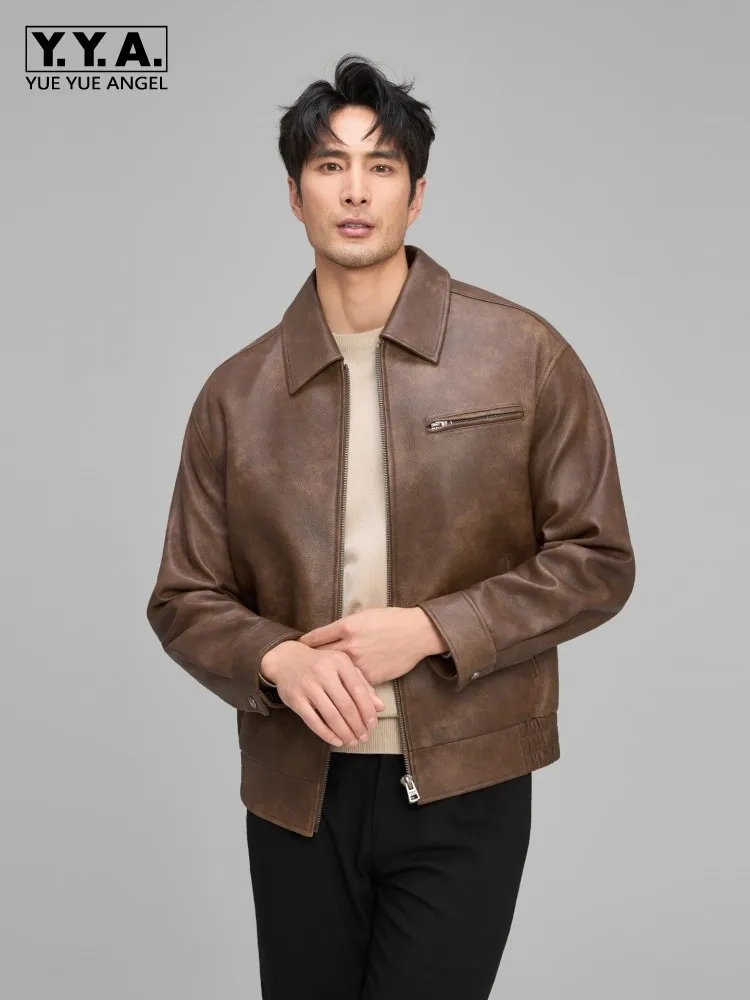 

Luxury Genuine Leather Mens Jacket Turndown Collar Real Goatskin Jackets New Style Autumn Retro Coat Business Casual Outerwear