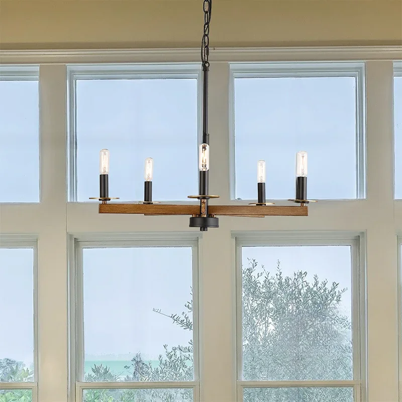 

Farmhouse Chandelier For Living Room Adjustable Chain Industrial LED Ceiling Light Fixture Dining Room Oak Wood Finish