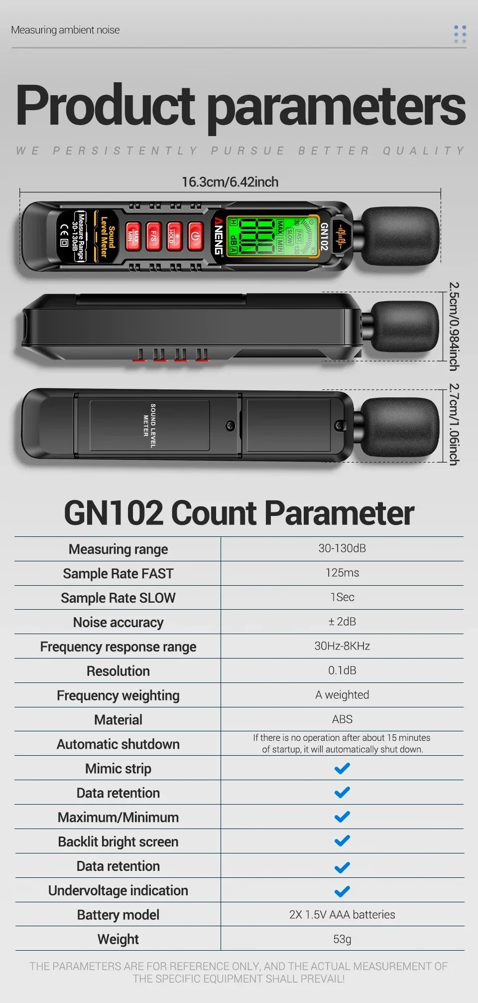 ANENG GN102 Tragbarer Schallpegelmesser 30-130dB A-gewichteter Dezibel-Tester Hintergrundbeleuchteter Bildschirm Datenspeicherung Max/Min Automatische Abschaltung – Detail 8