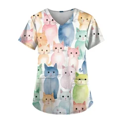 Scrub Tops Sets for Women Cartoon Animal Graphic Scrub Shirt Plus Size Workwear with Pockets Nurse Uniform V Neck Short Sleeve