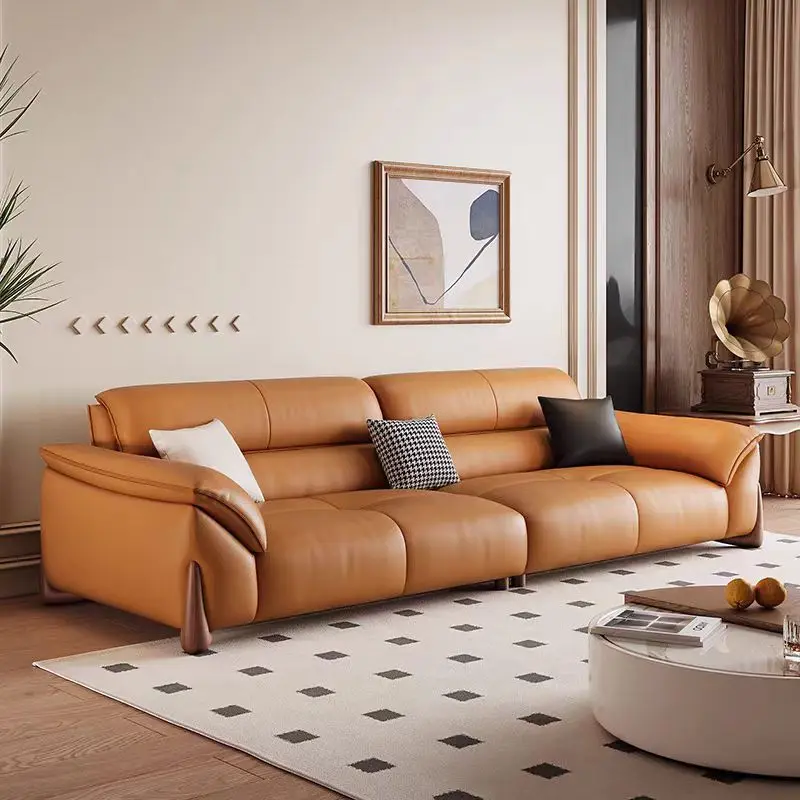 

Customizable Cream Wind Small Yellow Cowhide Leather Modern Italian Living Room Size Apartment Leather Art Straight Row Sofa