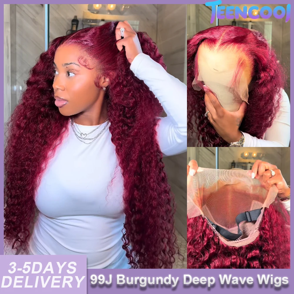 

Бразильский парик из натуральных волос 99J Burgundy Deep Wave, 13x4, 13x6, HD, с прозрачной кружевной основой, цвет красное вино, водные кудри, 30-36 дюймов, с кружевной передней частью