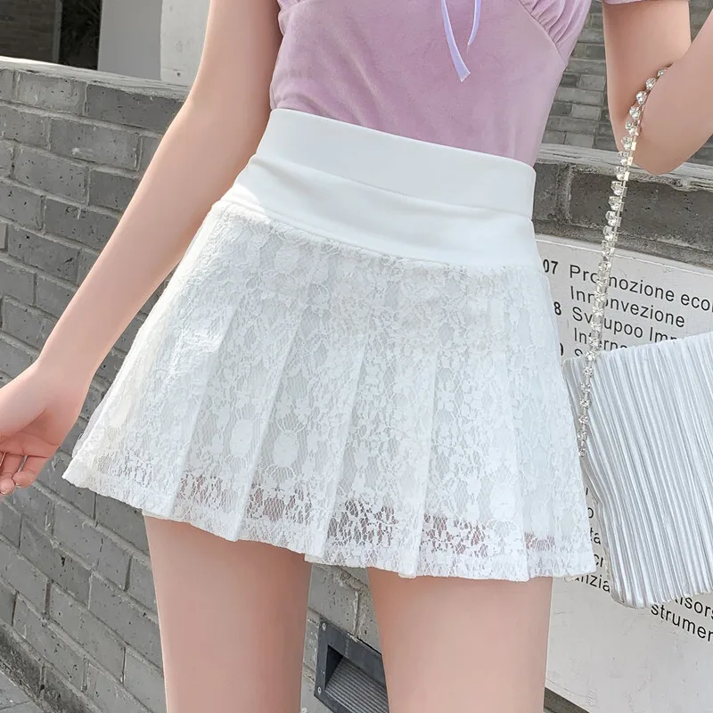 

Summer New Ultra Short Mini Skirt Shorts Versatile Lace Pleated Skirt Sexy High Waist A Line Skirt Fashion Women Bottom