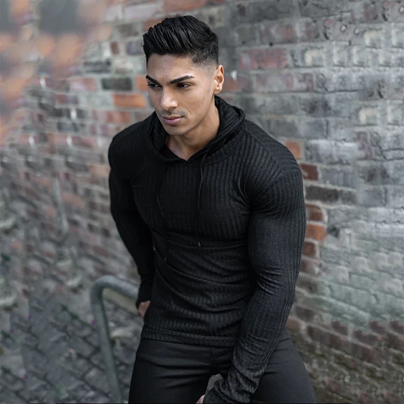 Men's Knitted Hooded Long Sleeve Running T-shirts Autumn Slim Fit Hoodies Stripes Casual Gym Fitness Pullover Sports Tees Shirts