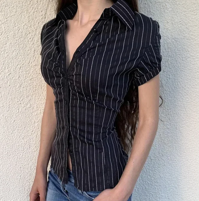 Women's fashionable casual commuting style button up shirt with black and white stripes short sleeved top, spring new item