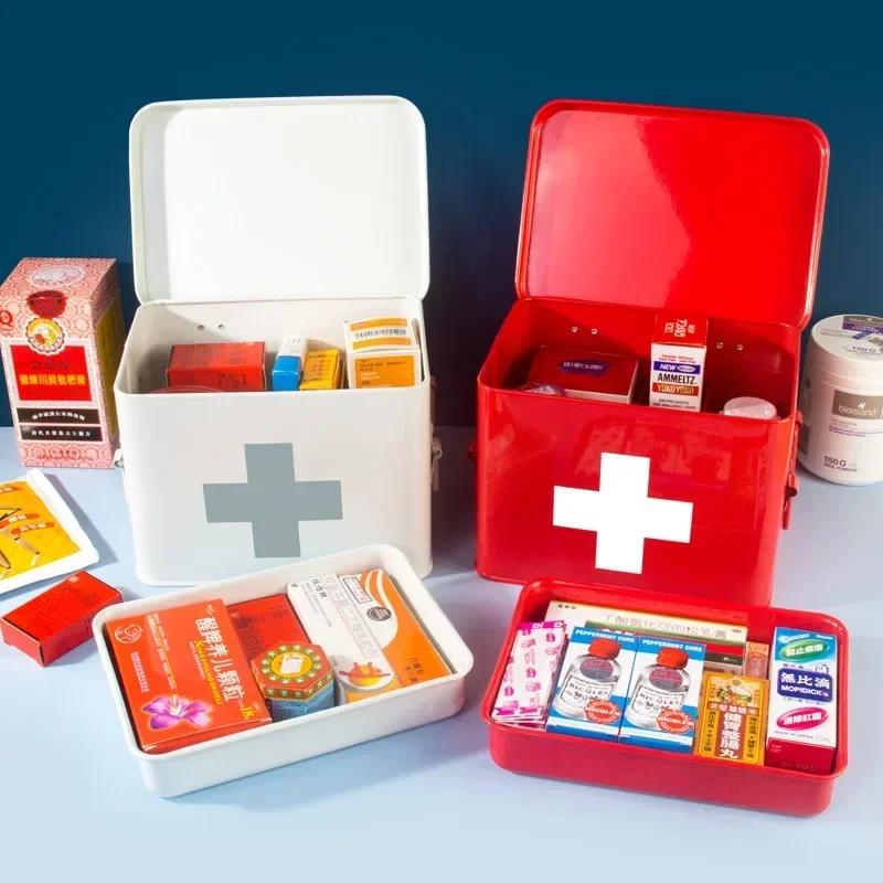 Caja de medicina familiar portátil, almacenamiento de emergencia esencial con mango, Material metálico, contenedor compacto de primeros auxilios