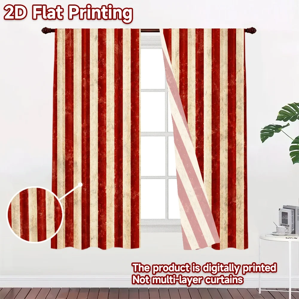 2D flat 2pcs Curtain Modern Minimalist Style Curtains Vintage Red White Stripes Digitally printed polyester, colorfast Party