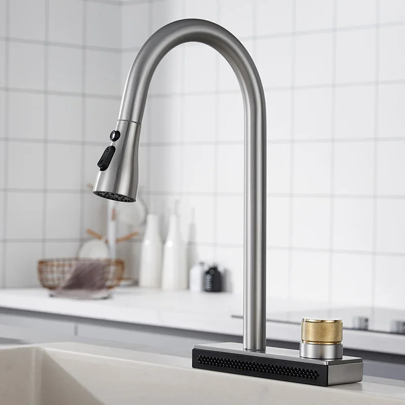 Waterfall Kitchen Sink Faucet with 4 Modes Pull Out Spout Stainless Steel Black One Hole Deck Mounted Kitchen Water Mixer Tap