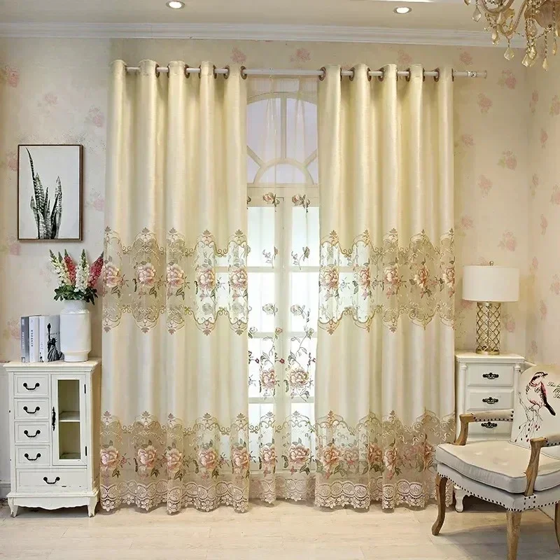 Europäische, hohlbestickte Luxusvorhänge für Wohnzimmer, Esszimmer, Schlafzimmer, Verdunkelungsvorhänge, gelbe Volants, Blumen, wunderschönes Tüll-Dekor