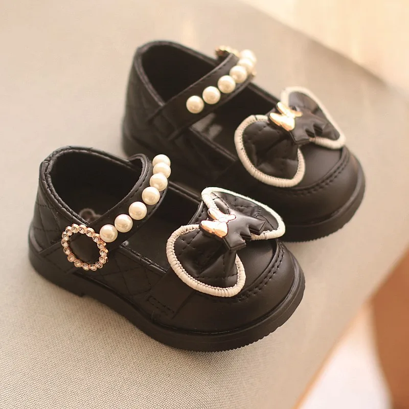 Autumn Baby Girls Cute Bow Leather Shoes 2024 Spring Pearl Bow Princess Shoes Soft Children Baby Toddler Single Shoes