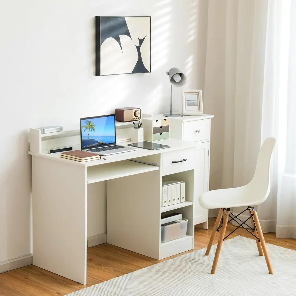 White Desk with Drawer & Keyboard Tray, 22 Inch Wide Modern Study Writing Desk with Desktop Hutch & Storage Shelves