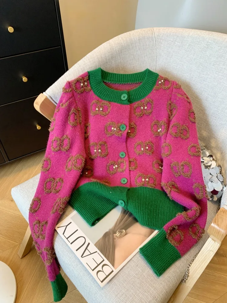 

Autumn Spring Women Jacquard Sweater Loose Japanese Knitted Cardigans Sweet Embroidery Oversize Diamonds Jumper Harajuku 2024