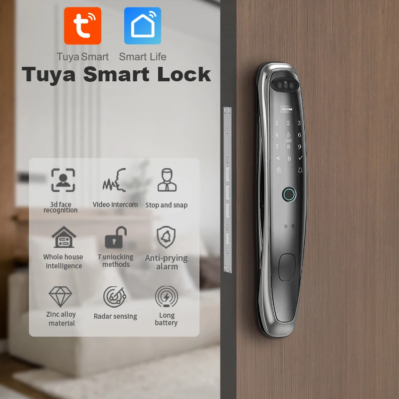 Tuya WiFi كاميرا قفل ذكي ثلاثية الأبعاد التعرف على الوجه بصمة الإصبع الرقمية الإلكترونية تويا قفل الباب الذكي التطبيق/مفتاح/بطاقة