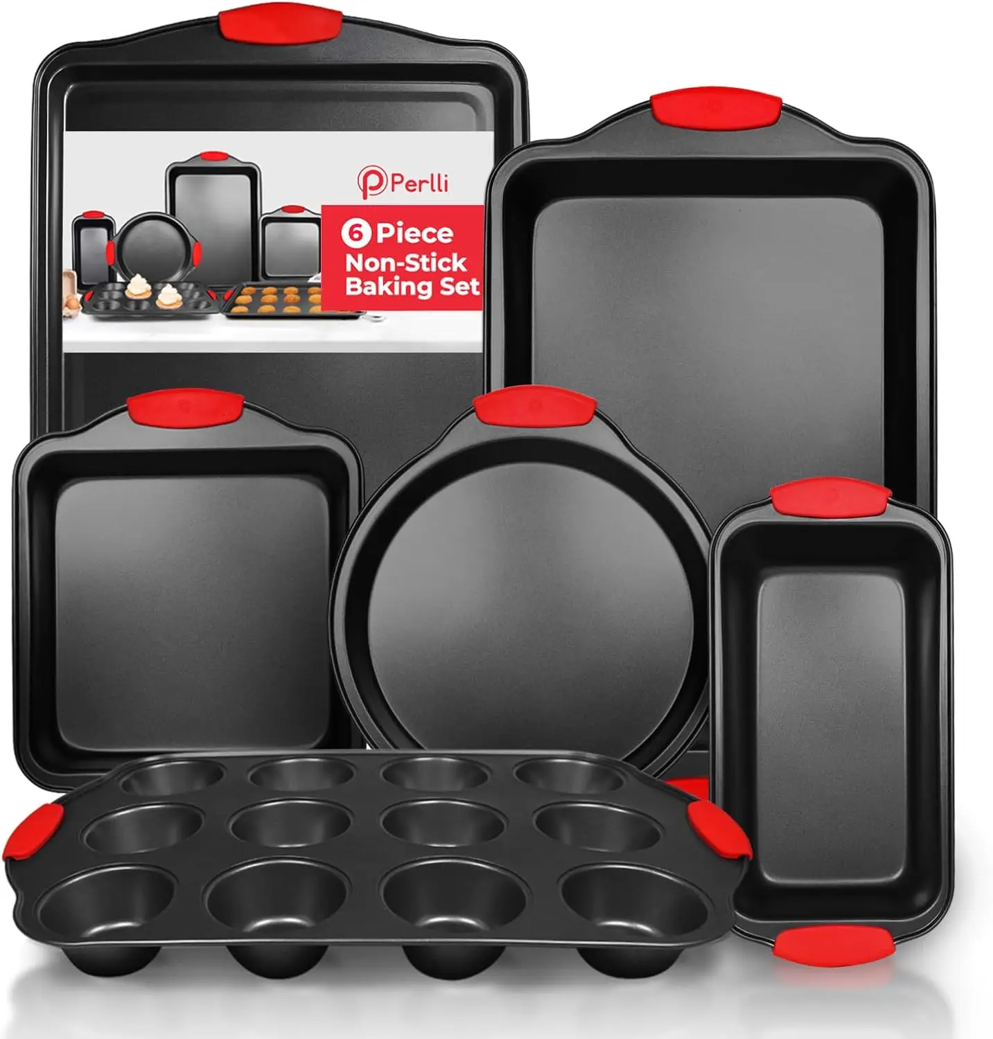 

6-Piece Non-Stick Baking Pan Set, BPA-Free Carbon Steel Bakeware with Silicone Handles, Oven Safe to 446°F