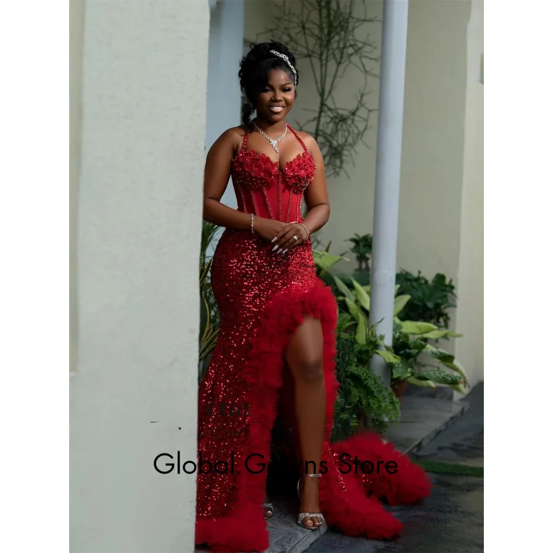 Luksusowe suknie balowe z kryształkami i cyrkoniami, syrenie, Aso Ebi, z falbanami, suknie wieczorowe, szyte na miarę, czarne sukienki z rozcięciem dla dziewcząt, suknie na przyjęcia wieczorowe.