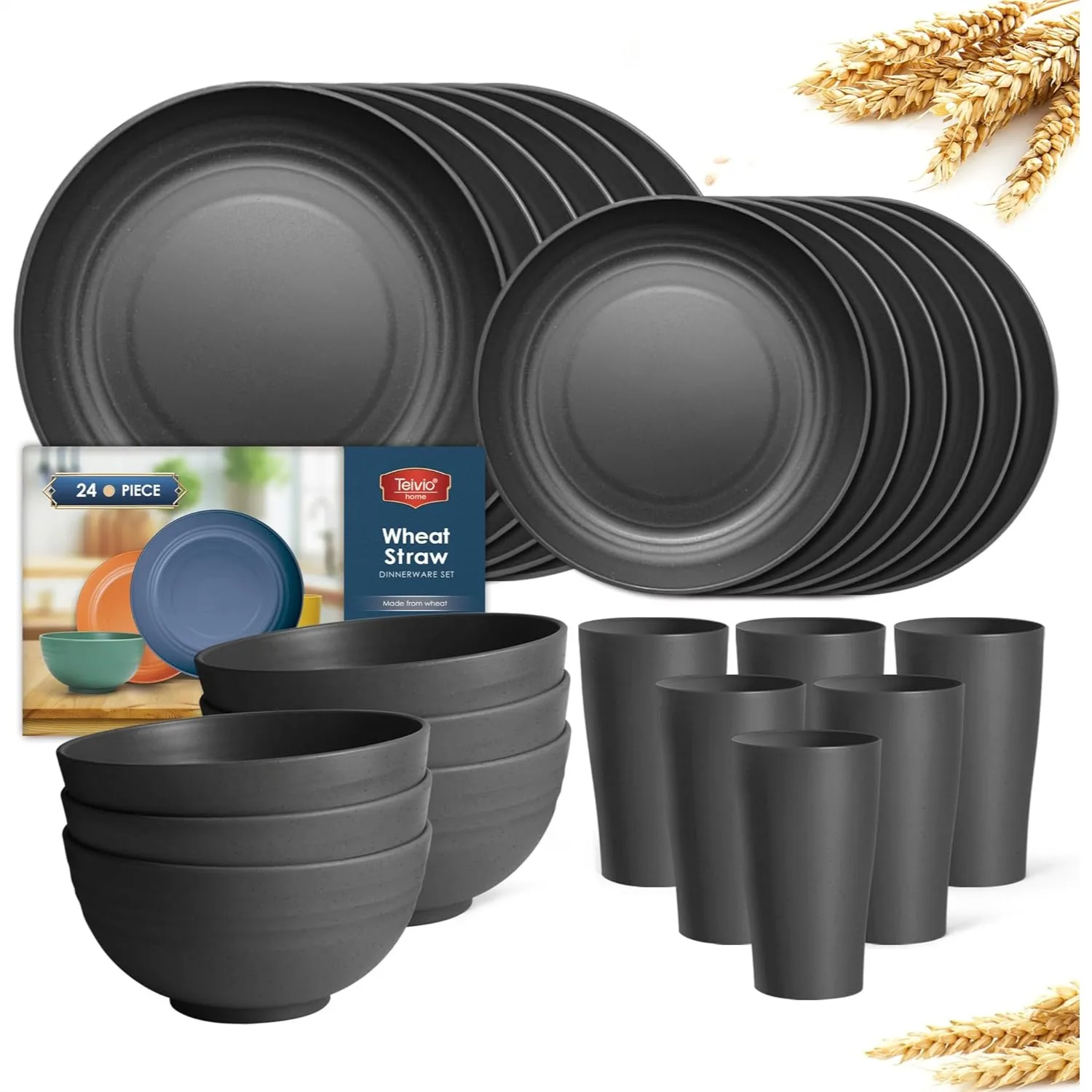 

24-Piece Wheat Straw Dinnerware Set for 6, Unbreakable Plastic Plates Bowls Cups, Lightweight Stackable for Camping Parties