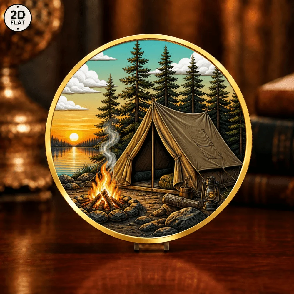 1pc Outdoor Camping & Fly Fishing Collectible Coin Tent Campfire Rainbow Trout Metal Token Fisherman Gift Party Favor Souvenir
