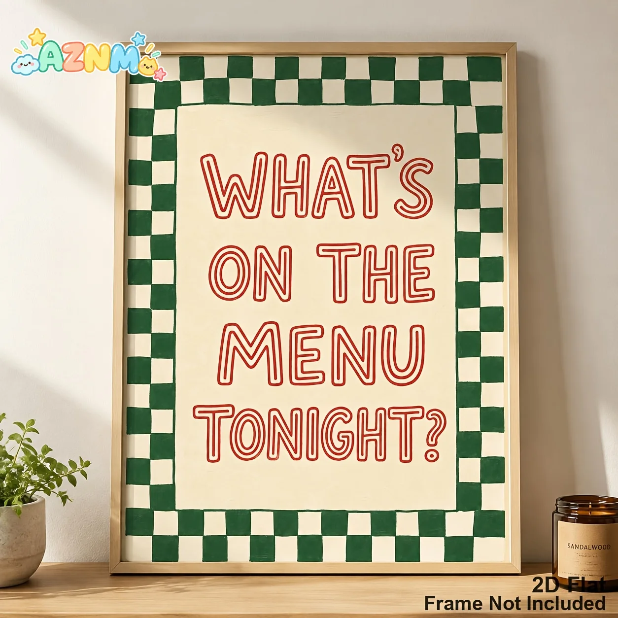 2D Flat, Posters And Prints, Green Checkered Kitchen Quote Canvas Print, What'S on The Menu Tonight Text Wall Art, Retro Chec