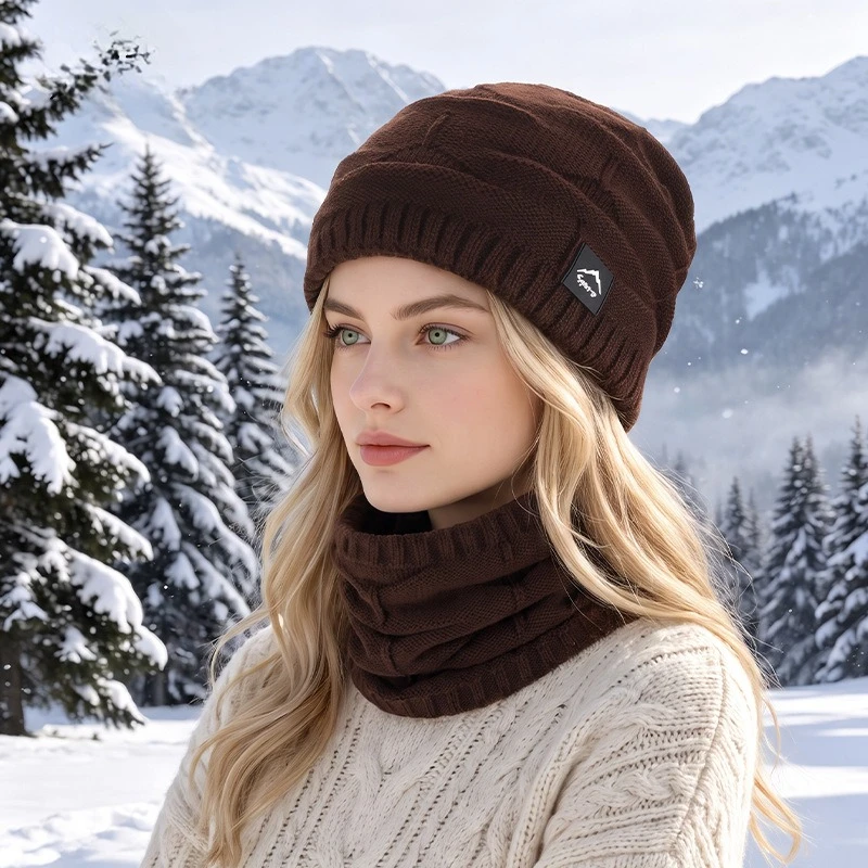 Men Women Winter Fleece Lined Beanie & Neck Warmer 2 Piece Set, Warm Knitted Hat Scarf Combo for Outdoor Daily Cold Weather Wear