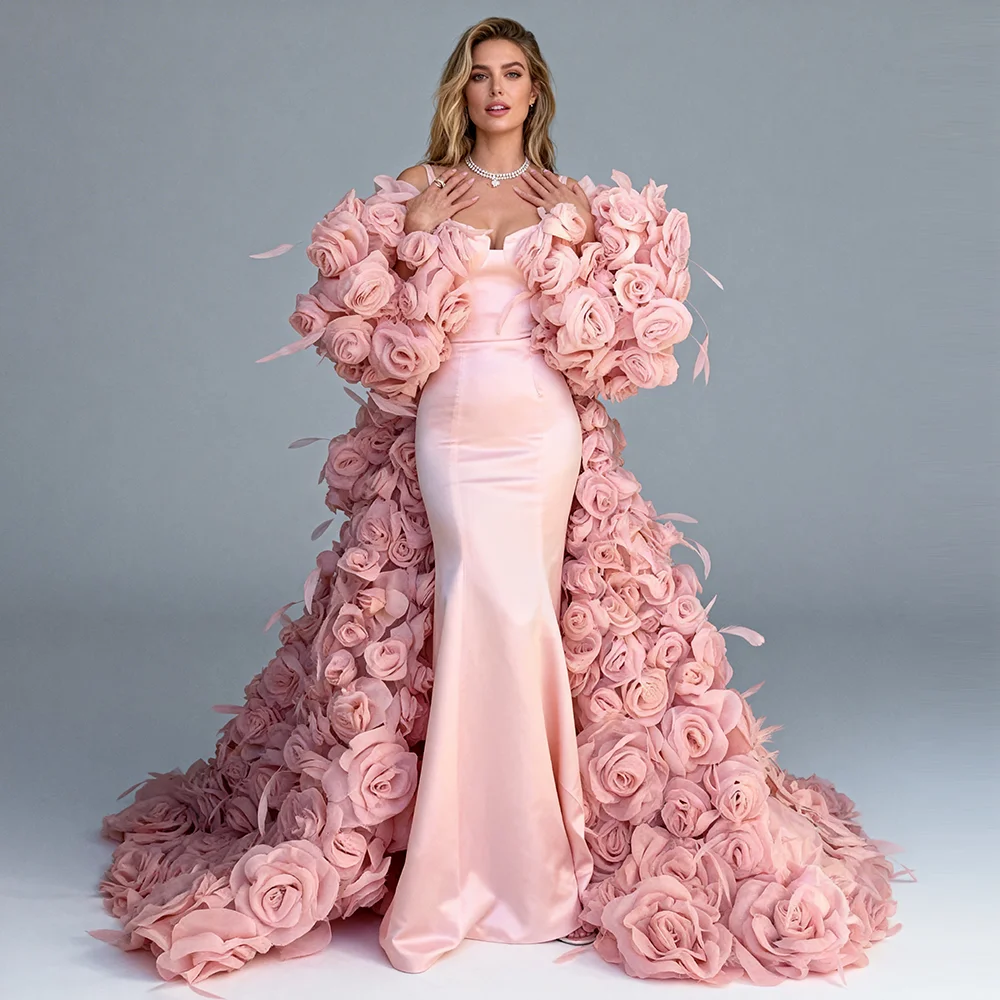 

Luxury Women's Formal Evening Gowns Sleeveless Satin Mermaid Evening Dresses with 3D Floral Ruffle Train Prom Dress ES642D