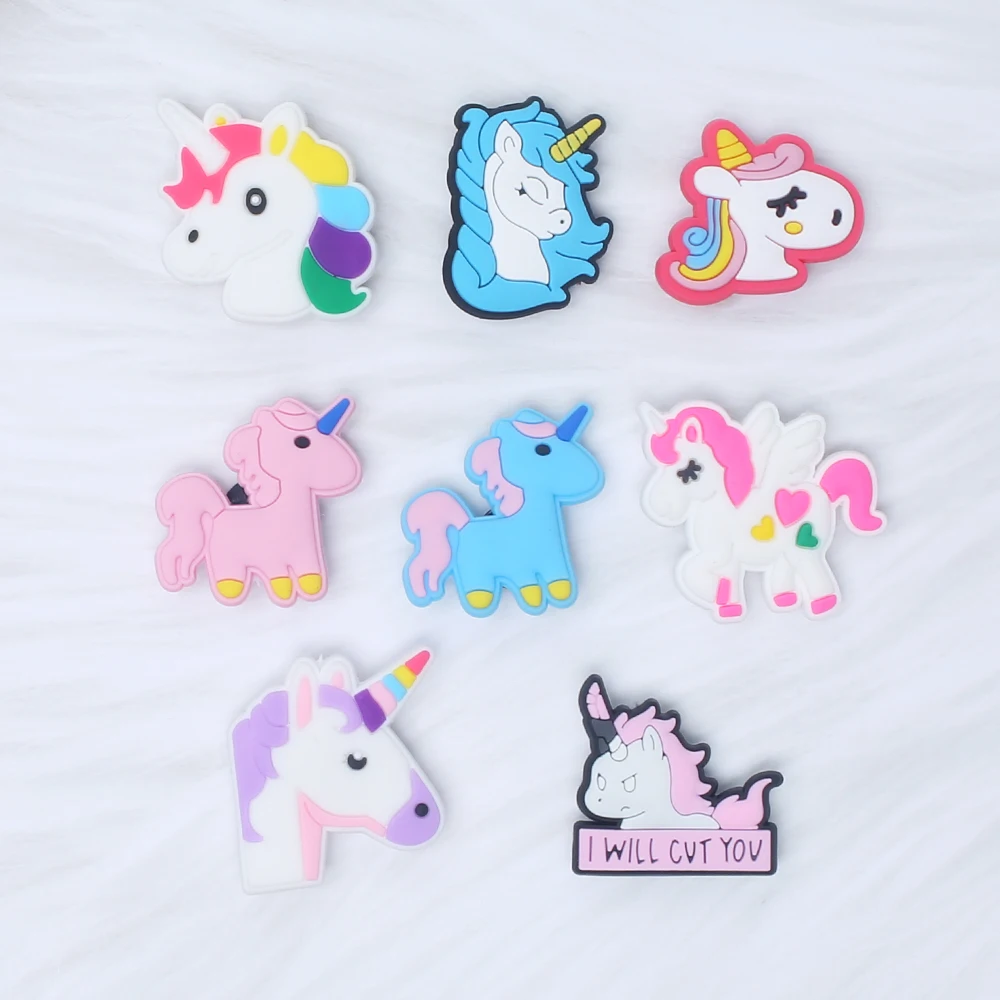 Single Sale 1pcs Cute Cartoon Unicorn Time Shoe Charms Accessories Decorations PVC Classic Clog Buckle for Kids Party Xmas Gifts