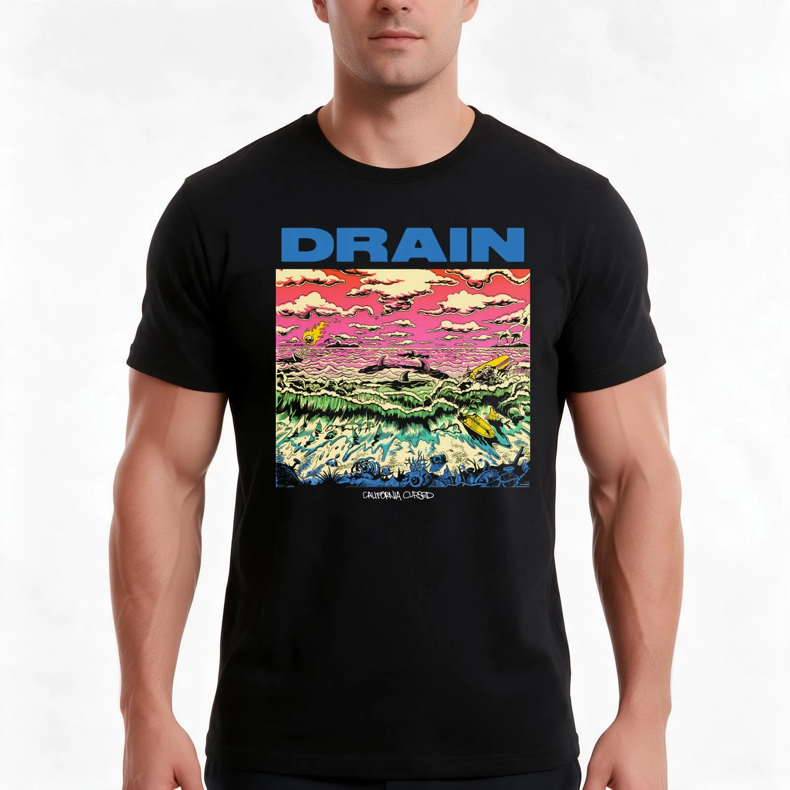 Band Drain T-Shirt, Summer Casual Cotton Tee, Oversized Streetwear Tops, Vintage Graphic Print, Loose Fit Short Sleeve
