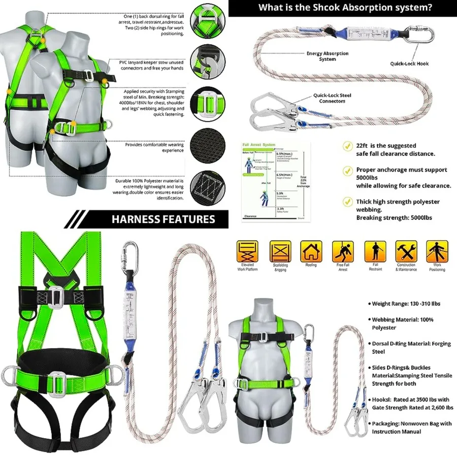 

TT TRSMIMA Safety Harness Fall Protection Kit - Full Body Roofing harnesses with Shock Absorbing Lanyard Upgrade Paded