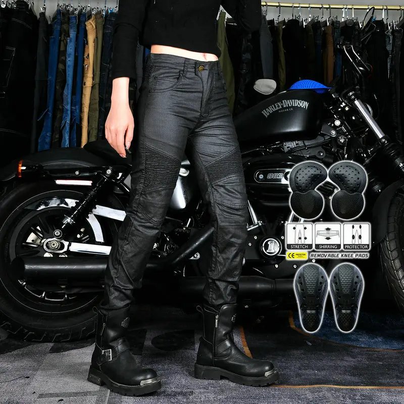 

Motorcycle Women's Jeans Retro Slim Coated Motorcycle Racing Riding Windproof and Drop-proof Pants
