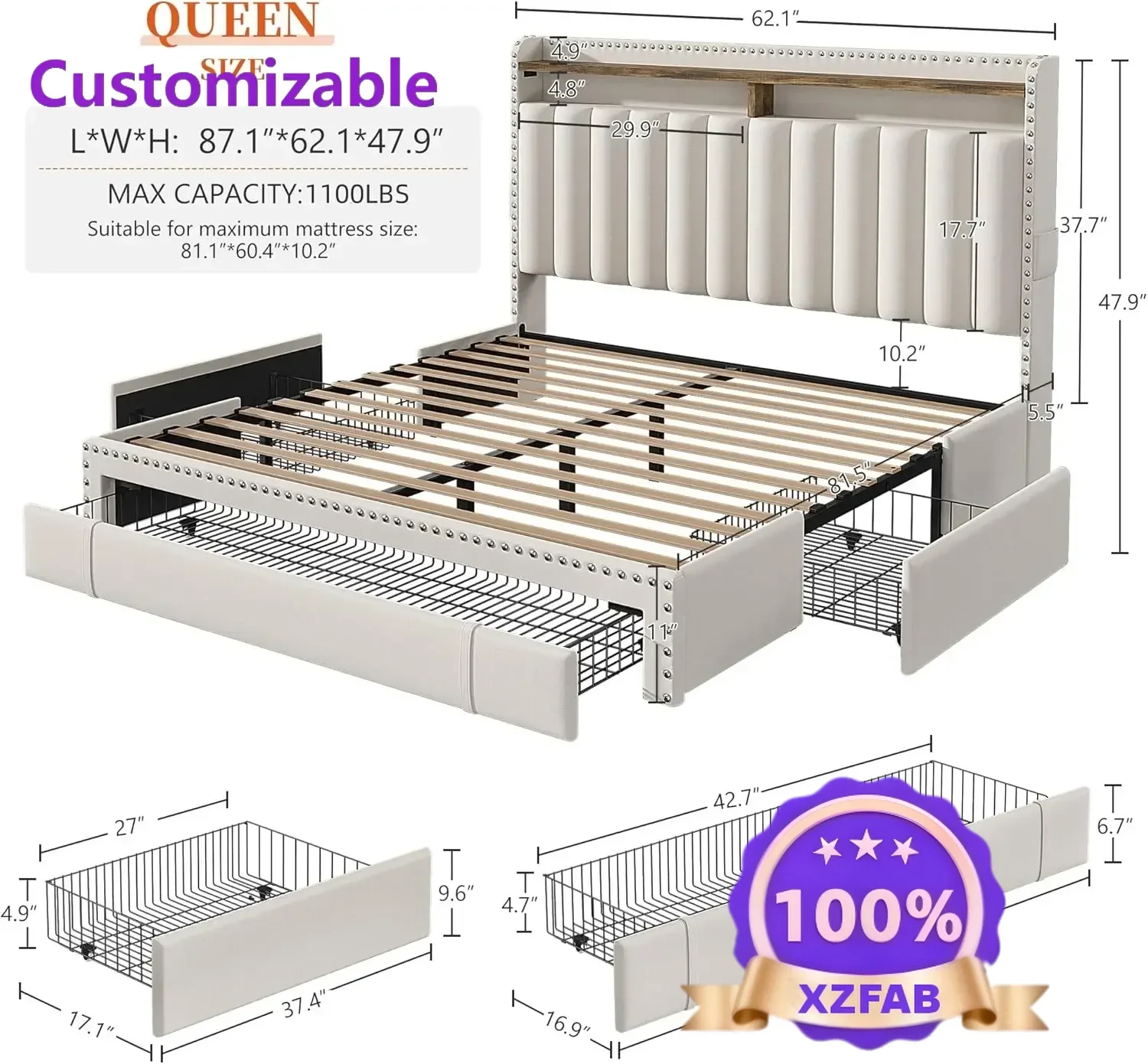 Factory Direct 2026 Simple  1100LBS Queen Bed Frame, 2-Tier Shelves,with Storage  and Upholstered Headboard