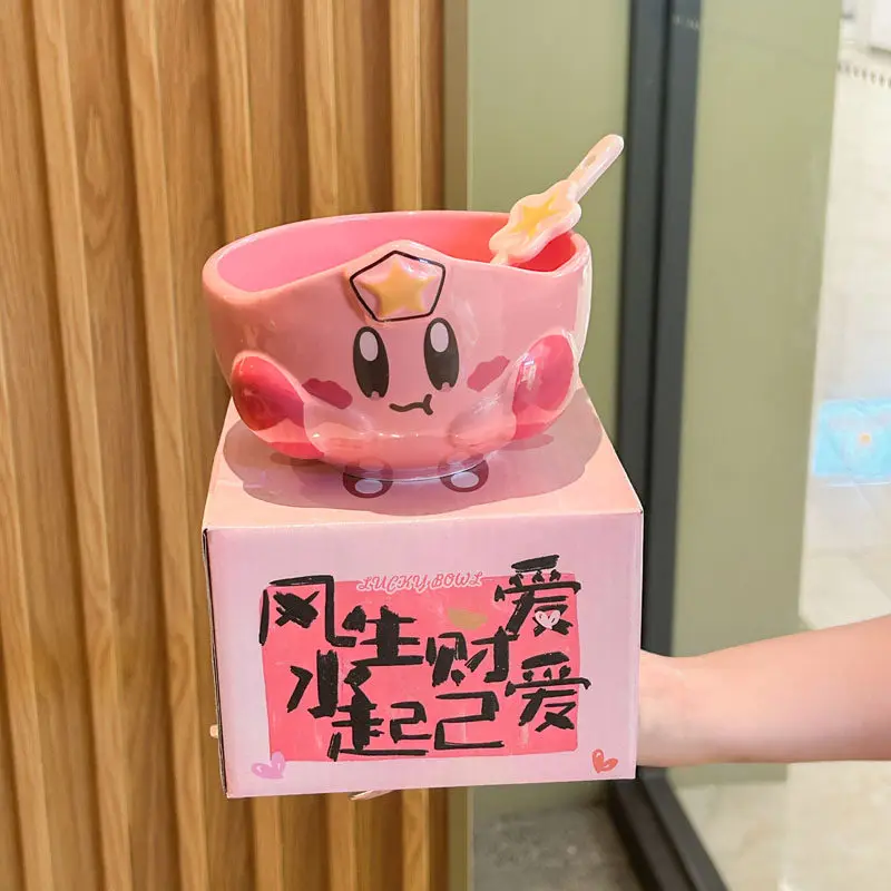 

Kirby Cute Ceramic Rice Bowl With Matching Star Spoon Pink Cartoon Personal Use Dinner Bowl Kids Children Home Tableware Figure