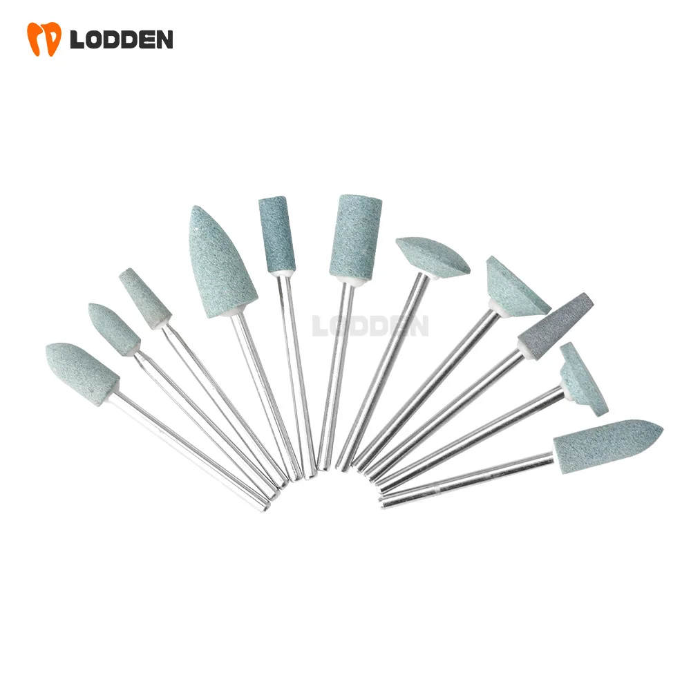LODDEN 100pcs Dental Silicone Polishing Green Stones HP Mounted Low-speed Contour Ceramics Drills 2.35mm Dentist Grinding Tools