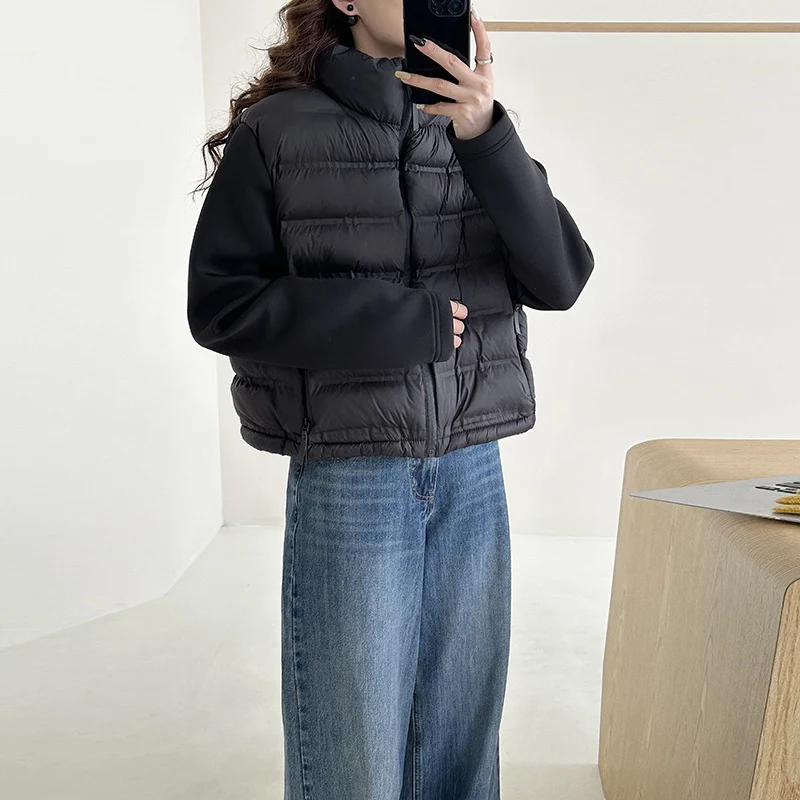 Schinteon donna piumino d'anatra bianco chiaro Patchwork autunno inverno corto capispalla colletto alla coreana cappotto Casual per studenti 2024 nuovo