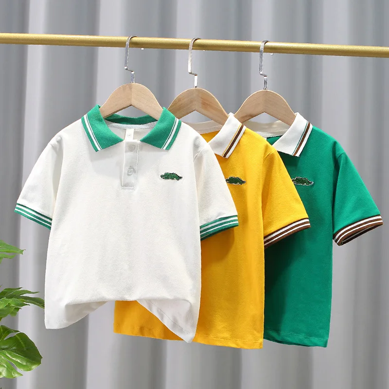 

2024 Summer New Hot Selling Korean version Childrens Wear Short sleeved Crocodile Printed Solid Cotton T-shirt for Boys POLO Top