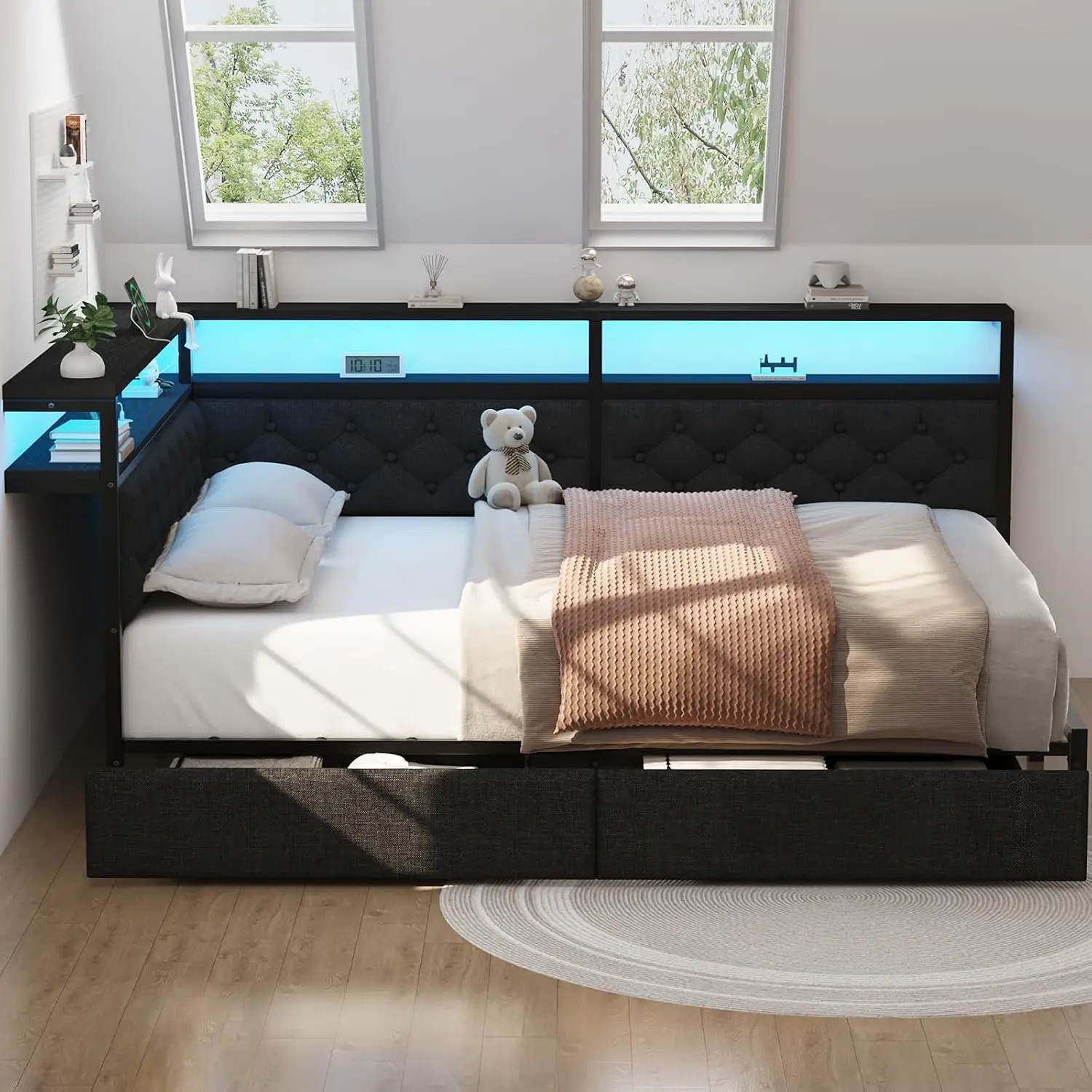 Queen Corner Bed Frame Storage Headboard & Drawers Metal Daybed USB Charging LED Upholstered Guardrail Small Space, Customized