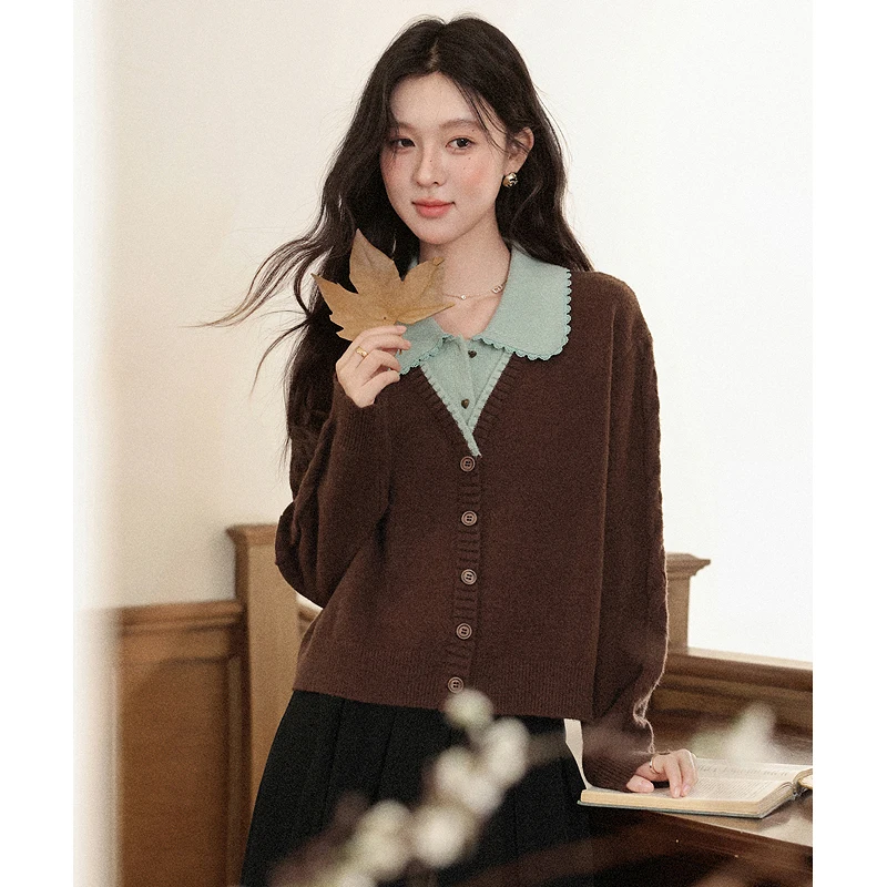 

ALXNAN Brown Fake Two-piece Polo Collar Sweater 2025 Autumn New Long Sleeve Pullovers Office Lady Loose-fit Top Female L57868