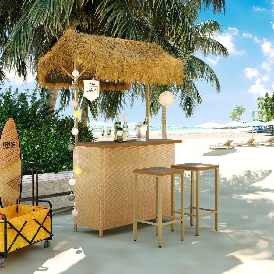 

GO Hawaiianstyle Bar Height Patio Set with PE Grass Canopy Outdoor Bar Table and Stools with Adjustable Feet Acacia Wood Top fo