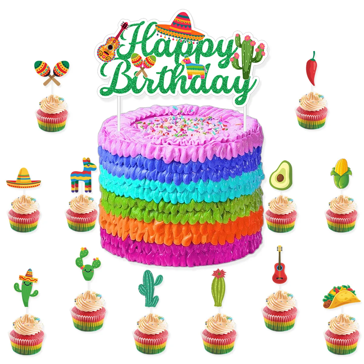 Decoración Para tarta de Fiesta de cumpleaños con temática mexicana, inserto para tarta de feliz cumpleaños, adornos para tarta de Taco de Fiesta Mexicana