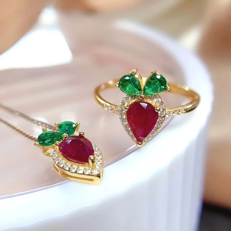 

Natural Ruby jewelry sets for women rings pendant silver 925 luxury gem stones 18k gold plated free shiping items