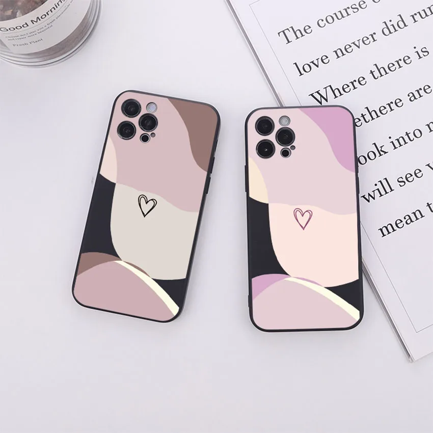 아이폰 15 14 13 Pro 12 11 Max Plus 15Pro 컬러블로킹 페인티드 피치 하트 폰 케이스 실리콘 14Pro 소프트 7 커버