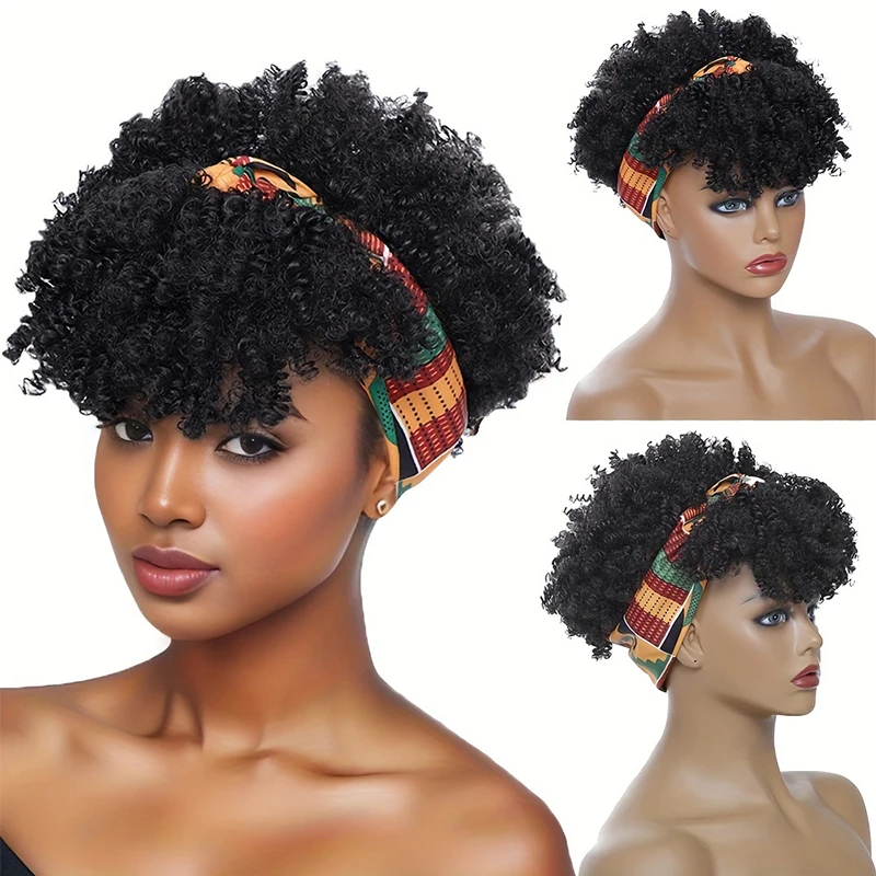 Short Kinky Curly Headband Wigs for Women Afro Fluffy Curly Headband Wig with Bangs 8 Inch Synthetic Deep Curly Scarf Wrap Wig