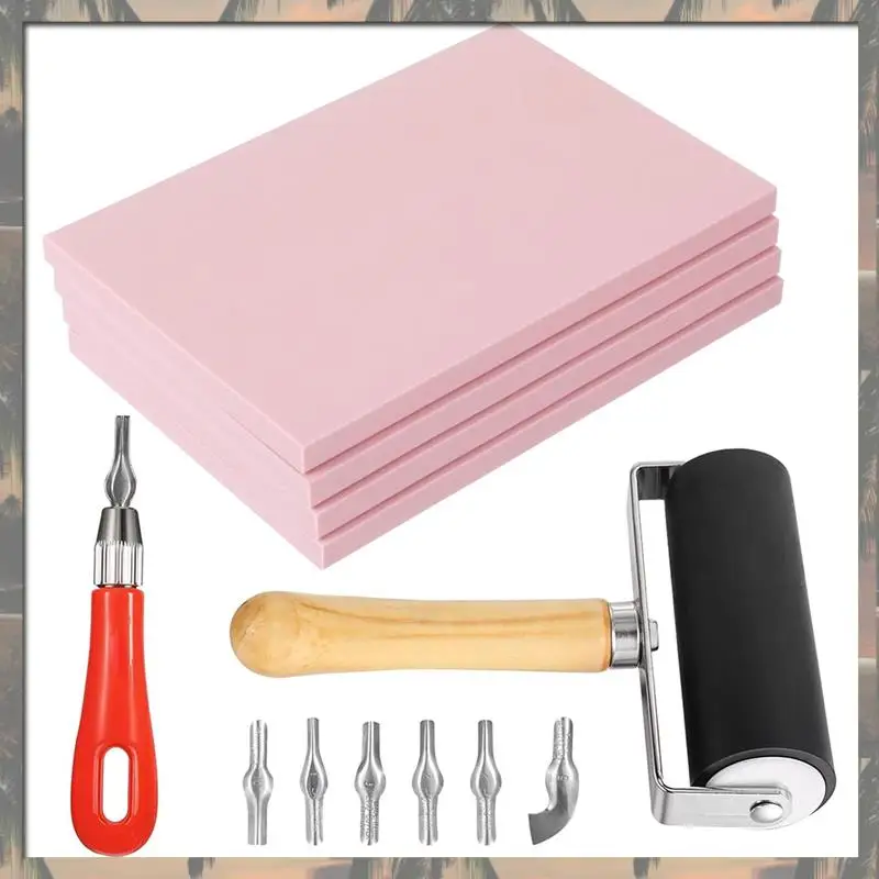 مجموعة أدوات نحت الطوابع المطاطية الجديدة A70U مكونة من 4 قطع مع أدوات القطع وبكرة براير للحرف اليدوية للطباعة #3