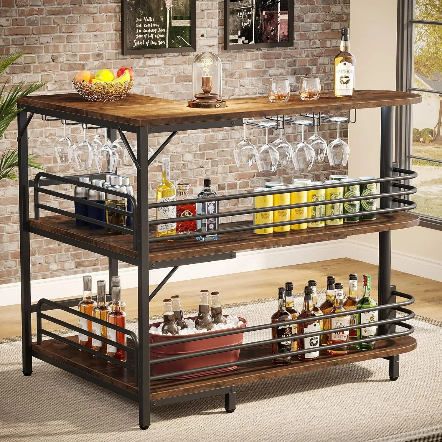 Mueble de bar para el hogar en forma de L, mesa de bar para licores de 3 niveles con estantes de almacenamiento y soporte para copas de vino para pub de cocina casera, marrón rústico