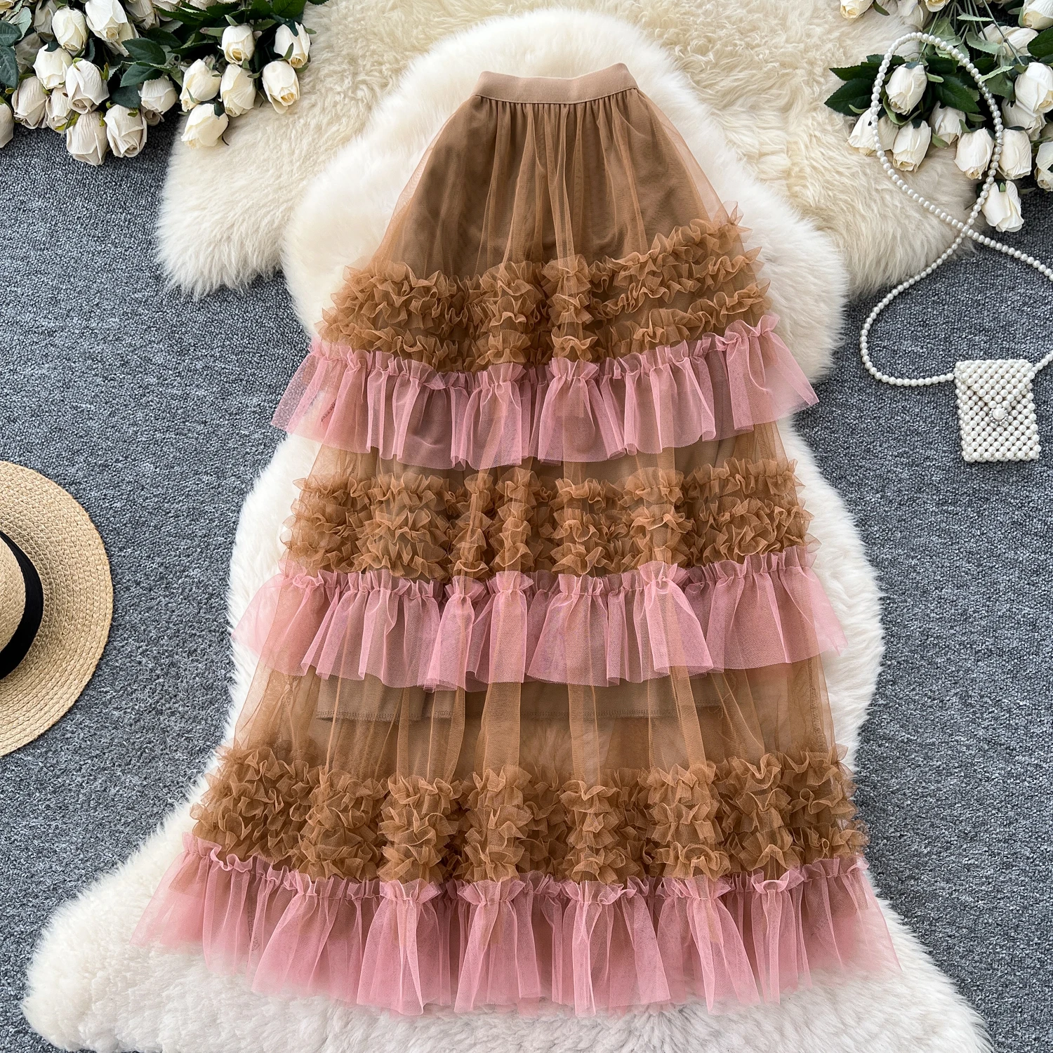 

Women Elegant Chic Edible Tree Fungus mesh Sexy Skirt Elastic High Waist Korean Fashion A-line Skirt Slim Clothing