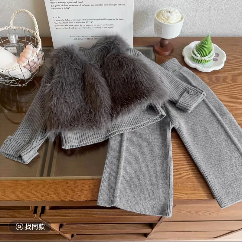 

Elegance Winter Childent Warm Girls Artificial fur Thick Vest Leather jacket Waistcoat+Sweater+Pants 3Pcs Suits Party Clothes