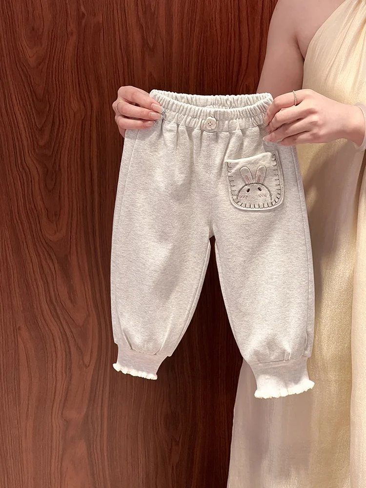 Cute Cartoon Ruffle Sports Pants for Girls Spring Autumn 2026 New Sle Children's Long Pants Adjustable Waist Elastic Legs