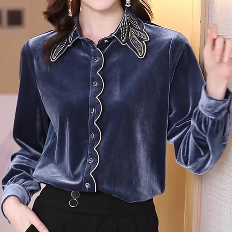 

2023 Spring Fall Women Embroidery Blue Full Sleeve Top Shirt , Woman Autumn Veour 3xl Tops Shirts