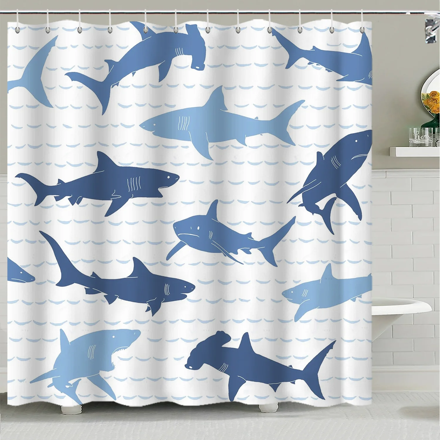 Striped Ocean Shark s' Print Shower Curtain, Material Decorative Bath Screen, Bathroom Divider, Bathroom Accessory